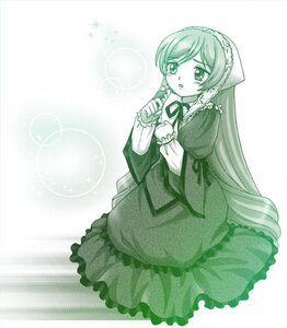 Rating: Safe Score: 0 Tags: 1girl blush dress frills green_theme image long_hair long_sleeves monochrome ribbon solo suiseiseki very_long_hair User: admin