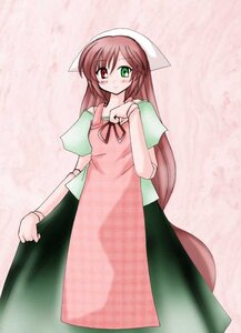 Rating: Safe Score: 0 Tags: 1girl blush brown_hair dress green_dress green_eyes head_scarf heterochromia image long_hair long_sleeves looking_at_viewer red_eyes simple_background solo standing suiseiseki very_long_hair User: admin