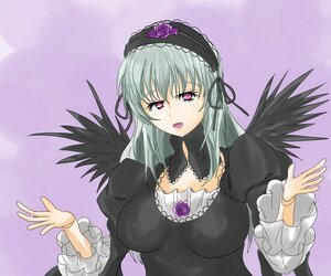 Rating: Safe Score: 0 Tags: 1girl black_wings breasts dress flower frilled_sleeves frills hairband image long_hair long_sleeves looking_at_viewer open_mouth pink_eyes purple_background rose silver_hair solo suigintou upper_body wings User: admin