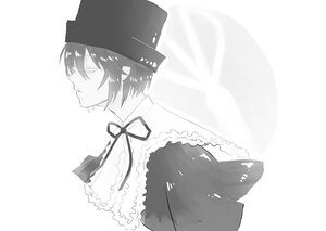 Rating: Safe Score: 0 Tags: 1girl capelet closed_eyes closed_mouth frills from_side greyscale hat image monochrome neck_ribbon ribbon short_hair solo souseiseki striped upper_body User: admin