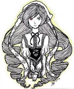 Rating: Safe Score: 0 Tags: 1girl dress drill_hair head_scarf heterochromia image lolita_fashion long_hair long_sleeves monochrome pointy_ears red_eyes solo spot_color striped suiseiseki traditional_media twin_drills vertical_stripes very_long_hair User: admin