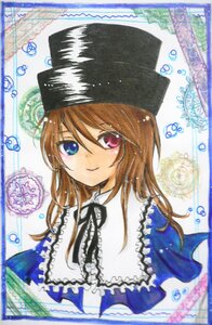 Rating: Safe Score: 0 Tags: 1girl black_headwear brown_hair capelet dress hat heterochromia image long_hair looking_at_viewer neck_ribbon red_eyes ribbon simple_background smile solo souseiseki suiseiseki traditional_media upper_body white_background User: admin