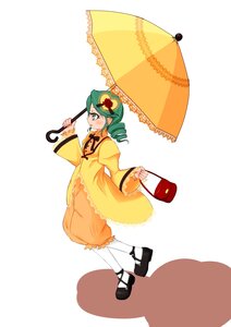 Rating: Safe Score: 0 Tags: 1girl blush dress drill_hair flower full_body green_eyes green_hair hair_ornament holding_umbrella image kanaria parasol shoes solo striped twin_drills umbrella white_legwear wide_sleeves yellow_dress User: admin