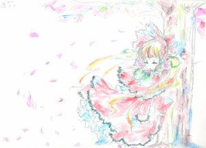 Rating: Safe Score: 0 Tags: 1girl bird brown_hair closed_eyes dress feathers flower frills long_sleeves petals solo striped vertical_stripes watercolor_(medium) User: admin