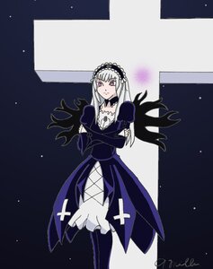 Rating: Safe Score: 0 Tags: 1girl black_wings crossed_arms dress frills image long_hair long_sleeves pink_eyes silver_hair solo star_(sky) suigintou wings User: admin