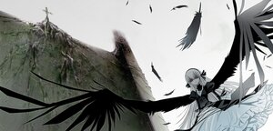 Rating: Safe Score: 0 Tags: 1girl bird crow dress feathers greyscale hair_ribbon image long_hair long_sleeves outdoors ribbon sky solo suigintou tree wings User: admin