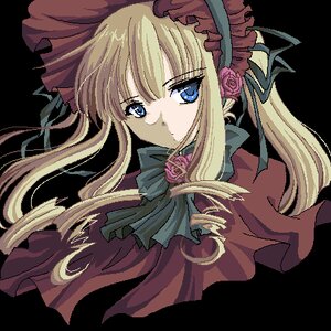 Rating: Safe Score: 0 Tags: 1girl blonde_hair blue_eyes bonnet bow bowtie dress flower green_bow long_hair looking_at_viewer pink_flower pink_rose ribbon rose shinku solo transparent_background User: admin