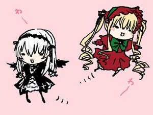 Rating: Safe Score: 0 Tags: 2girls blonde_hair bonnet chibi dress flower image long_hair long_sleeves multiple_girls pair pink_background rose shinku suigintou twintails very_long_hair wings User: admin