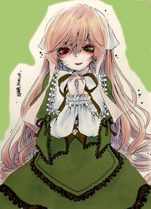 Rating: Safe Score: 0 Tags: 1girl blush bow dress eyebrows_visible_through_hair frills green_background green_dress green_eyes heterochromia image long_hair long_sleeves looking_at_viewer red_eyes smile solo suiseiseki very_long_hair User: admin