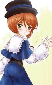 Rating: Safe Score: 0 Tags: 1girl bangs blue_dress blush brown_hair capelet dress frills green_eyes hat heterochromia image long_sleeves looking_at_viewer looking_back red_eyes short_hair simple_background solo souseiseki User: admin