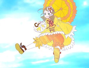 Rating: Safe Score: 0 Tags: 1girl auto_tagged bloomers brown_hair dress frills green_eyes hair_ornament holding_umbrella image kanaria parasol personification smile solo umbrella underwear yellow_footwear User: admin