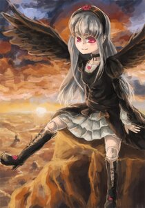 Rating: Safe Score: 0 Tags: 1girl black_wings boots choker doll_joints dress feathered_wings frills hairband image joints knee_boots long_hair long_sleeves rose silver_hair sitting sky smile solo suigintou wings User: admin