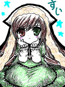 Rating: Safe Score: 0 Tags: 1girl :t bangs blush brown_hair dress green_dress green_eyes hands_on_own_face image long_sleeves looking_at_viewer red_eyes solo star_(symbol) suiseiseki User: admin