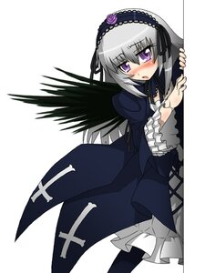 Rating: Safe Score: 0 Tags: 1girl black_wings blush dress flower frilled_sleeves frills hairband image long_hair long_sleeves looking_at_viewer open_mouth rose silver_hair simple_background solo suigintou white_background wings User: admin