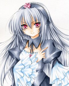 Rating: Safe Score: 0 Tags: 1girl black_ribbon colored_pencil_(medium) commentary_request dress flower fragran0live frilled_sleeves frills hairband image juliet_sleeves long_hair long_sleeves looking_at_viewer marker_(medium) pastel_(medium) pink_eyes red_eyes rose rozen_maiden silver_hair simple_background smile solo suigintou traditional_media upper_body white_background User: admin