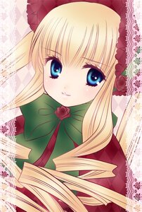 Rating: Safe Score: 0 Tags: 1girl blonde_hair blue_eyes blush bonnet bow bowtie dress drill_hair flower green_bow image long_hair long_sleeves looking_at_viewer pink_rose rose shinku sidelocks smile solo upper_body User: admin