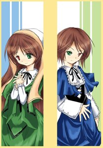 Rating: Safe Score: 0 Tags: 2girls blue_dress brown_hair dress green_dress green_eyes head_scarf heterochromia image long_hair long_sleeves looking_at_viewer multiple_girls pair red_eyes siblings simple_background sisters smile souseiseki suiseiseki twins very_long_hair User: admin