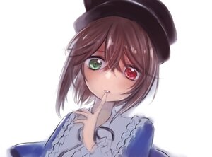 Rating: Safe Score: 0 Tags: 1girl bangs black_headwear brown_hair eyebrows_visible_through_hair finger_to_mouth frilled_shirt_collar frills green_eyes hat heterochromia image index_finger_raised long_sleeves looking_at_viewer red_eyes short_hair shushing simple_background solo souseiseki striped upper_body white_background User: admin