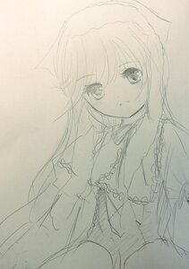 Rating: Safe Score: 0 Tags: 1girl bangs blush dress eyebrows_visible_through_hair image long_hair long_sleeves looking_at_viewer monochrome simple_background sketch solo suiseiseki traditional_media User: admin