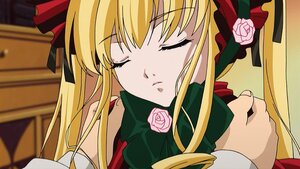 Rating: Safe Score: 0 Tags: 2girls blonde_hair bow closed_eyes flower hat image long_hair multiple_girls pink_flower pink_rose rose shinku solo solo_focus twintails User: admin