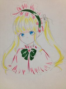 Rating: Safe Score: 0 Tags: 1girl bangs blonde_hair blue_eyes bow expressionless flower image long_hair photo portrait ribbon shinku simple_background solo traditional_media watercolor_(medium) User: admin