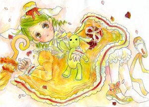 Rating: Safe Score: 0 Tags: 1girl bloomers dress flower food frills green_hair hat image kanaria lolita_fashion long_sleeves lying petals ribbon rose_petals solo stuffed_animal traditional_media watercolor_(medium) white_legwear yellow_dress User: admin