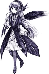 Rating: Safe Score: 0 Tags: 1girl boots dress feathered_wings frills full_body greyscale hairband image long_hair long_sleeves looking_at_viewer monochrome solo suigintou traditional_media wings User: admin