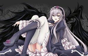 Rating: Safe Score: 3 Tags: 1girl black_wings boots dress flower frills garter_straps gothic_lolita hairband image lolita_fashion long_hair long_sleeves looking_at_viewer open_mouth red_eyes rose silver_hair solo suigintou thighhighs very_long_hair wings User: admin