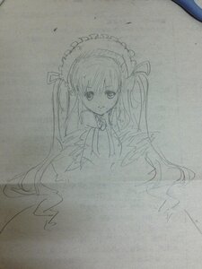 Rating: Safe Score: 0 Tags: 1girl dress eyebrows_visible_through_hair frills graphite_(medium) image long_hair long_sleeves looking_at_viewer monochrome photo shinku sketch smile solo traditional_media twintails very_long_hair User: admin