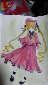 Rating: Safe Score: 0 Tags: 1girl blonde_hair blue_eyes bonnet bow bowtie capelet dress frills full_body image long_hair long_sleeves looking_at_viewer photo red_dress shinku shoes solo standing traditional_media twintails very_long_hair watercolor_(medium) User: admin