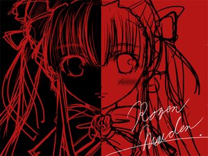 Rating: Safe Score: 0 Tags: 1girl flower hair_ribbon hairband image long_hair looking_at_viewer monochrome red_theme ribbon rose shinku simple_background solo User: admin