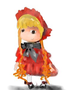 Rating: Safe Score: 0 Tags: 1girl bangs black_eyes blonde_hair blunt_bangs bonnet bow chibi cup dress full_body image long_hair long_sleeves red_dress shinku simple_background smile solo standing white_background User: admin