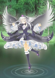 Rating: Safe Score: 0 Tags: 1girl black_wings boots closed_eyes dress feathers frills full_body hairband image long_hair long_sleeves ribbon rose silver_hair solo suigintou wings User: admin