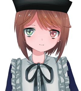 Rating: Safe Score: 0 Tags: 1girl apron bangs black_headwear black_ribbon blush brown_hair closed_mouth eyebrows_visible_through_hair frills green_eyes hat image looking_at_viewer neck_ribbon ribbon short_hair simple_background smile solo souseiseki striped swept_bangs upper_body white_background User: admin