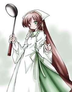 Rating: Safe Score: 0 Tags: 1girl apron blush brown_hair dress frills green_dress green_eyes head_scarf heterochromia image long_hair long_sleeves looking_at_viewer red_eyes simple_background smile solo suiseiseki very_long_hair User: admin