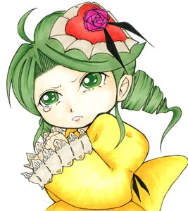 Rating: Safe Score: 0 Tags: 1girl ahoge drill_hair flower green_eyes green_hair hair_flower hair_ornament image kanaria long_sleeves red_rose rose simple_background solo tears twin_drills white_background yellow_dress User: admin