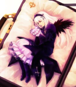 Rating: Safe Score: 0 Tags: 1girl black_wings boots bow closed_eyes commentary_request dress flower frills gothic_lolita hairband hironox image lolita_fashion long_hair long_sleeves lying on_side photoshop_(medium) ribbon rose rozen_maiden silver_hair sleeping solo suigintou white_hair wings User: admin