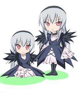 Rating: Safe Score: 0 Tags: 1girl black_wings chibi dress frills hairband image long_hair multiple_views silver_hair solo suigintou wings User: admin