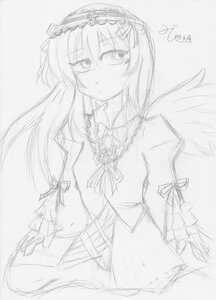 Rating: Safe Score: 0 Tags: 1girl blush dress flower frills greyscale hairband image lolita_hairband long_hair long_sleeves looking_at_viewer monochrome ribbon simple_background sketch solo suigintou upper_body wings User: admin