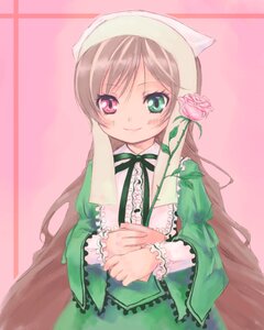 Rating: Safe Score: 0 Tags: 1girl black_ribbon blush brown_hair dress flower frills green_dress green_eyes head_scarf heterochromia image long_hair long_sleeves looking_at_viewer pink_background pink_flower red_eyes ribbon rose smile solo suiseiseki upper_body very_long_hair User: admin