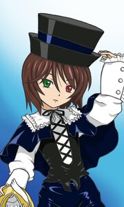 Rating: Safe Score: 0 Tags: 1girl blue_dress brown_hair dress frills green_eyes hat heterochromia holding image long_sleeves looking_at_viewer red_eyes ribbon short_hair solo souseiseki suiseiseki top_hat User: admin