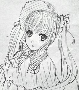 Rating: Safe Score: 0 Tags: 1girl blush bonnet dress flower long_hair looking_at_viewer monochrome rose shinku simple_background solo traditional_media twintails upper_body User: admin