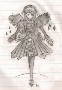 Rating: Safe Score: 0 Tags: 1girl dress frills full_body greyscale hairband image long_hair long_sleeves looking_at_viewer monochrome rose solo standing suigintou wings User: admin