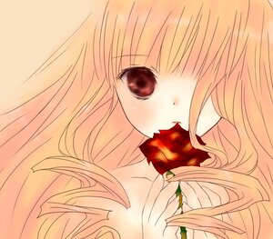 Rating: Safe Score: 0 Tags: 1girl blonde_hair flower holding_flower image long_hair red_eyes red_flower red_rose rose shinku simple_background solo thorns upper_body white_background User: admin