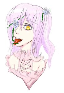 Rating: Safe Score: 0 Tags: 1girl bare_shoulders flower hair_ornament image kirakishou pink_hair rose solo striped tongue tongue_out vertical_stripes yellow_eyes User: admin