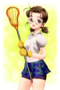 Rating: Safe Score: 0 Tags: 1girl antenna_hair brown_eyes brown_hair cowboy_shot glasses gloves human miniskirt open_mouth plaid racket shirt skirt smile solo twintails yellow_background User: admin