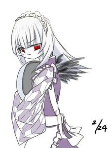 Rating: Safe Score: 0 Tags: 1girl bangs closed_mouth eyebrows_visible_through_hair frills image long_hair long_sleeves looking_at_viewer looking_back red_eyes solo suigintou white_hair wings User: admin