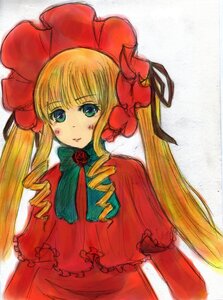 Rating: Safe Score: 0 Tags: 1girl blonde_hair blue_eyes bonnet bow bowtie capelet dress drill_hair flower image long_hair long_sleeves looking_at_viewer red_dress rose shinku sidelocks simple_background solo twin_drills twintails upper_body white_background User: admin