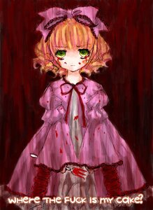Rating: Safe Score: 0 Tags: 1girl artist_request blonde_hair blood blood_on_face blood_splatter bloody_clothes bow crying curtains dress empty_eyes english_text fork frills green_eyes hina_ichigo hinaichigo image long_sleeves looking_at_viewer pink_bow pink_dress profanity rozen_maiden short_hair solo tears User: admin