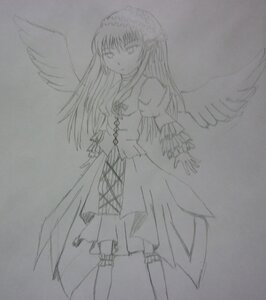 Rating: Safe Score: 0 Tags: 1girl angel_wings boots dress feathered_wings frills greyscale image long_hair long_sleeves looking_at_viewer monochrome simple_background solo standing suigintou traditional_media very_long_hair wings User: admin